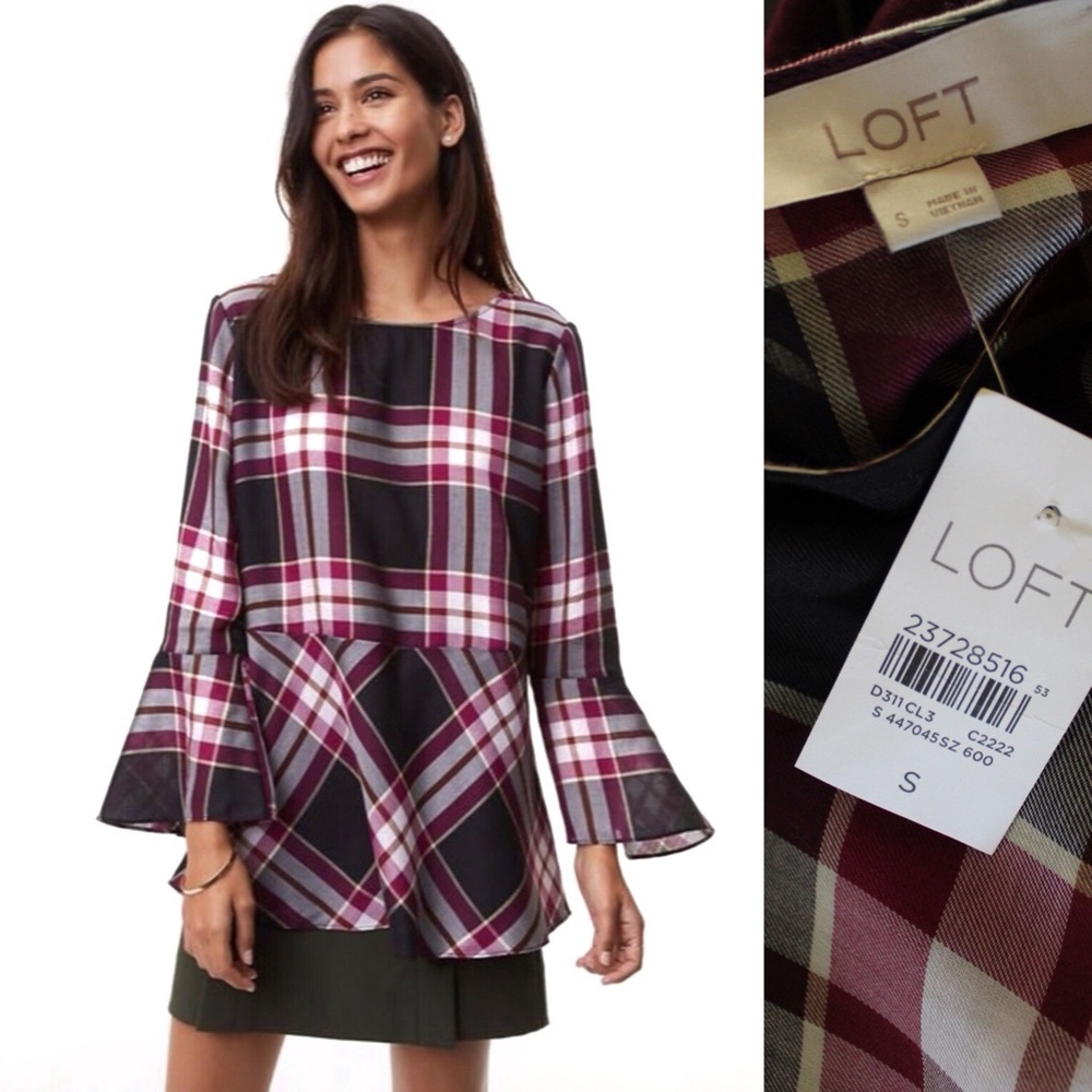 Ann Taylor LOFT Plaid NWT Semi-Sheer Red Plaid Tie Back Tunic Small